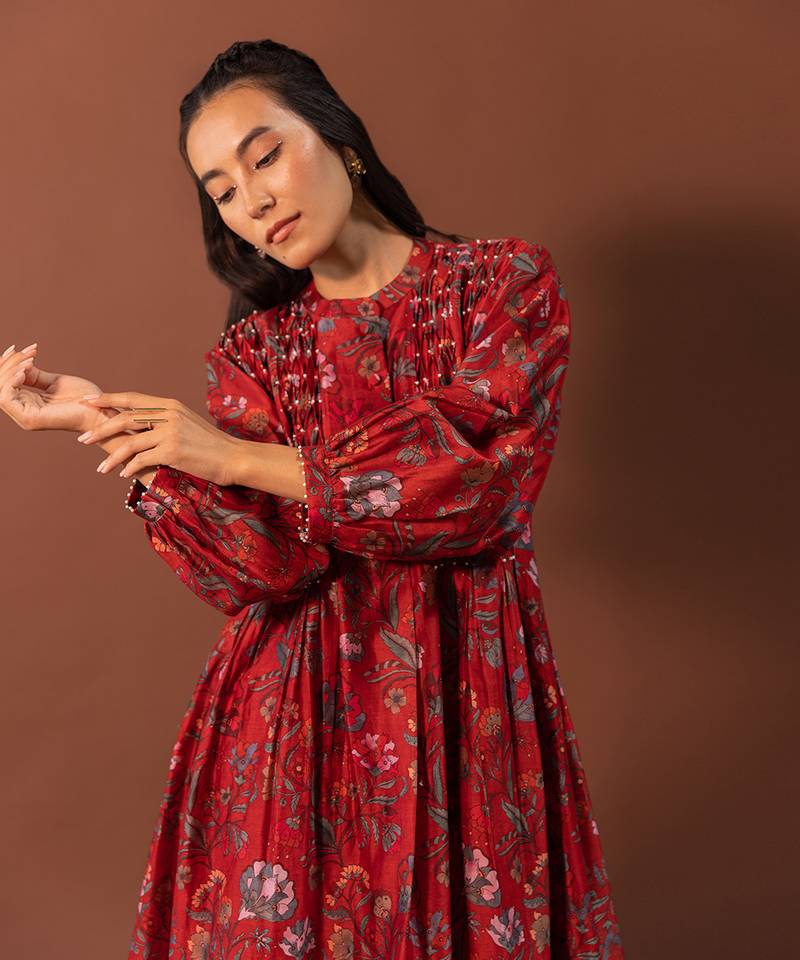 Red Kurta With Pearl Detailed Smocking And Pleated Pants