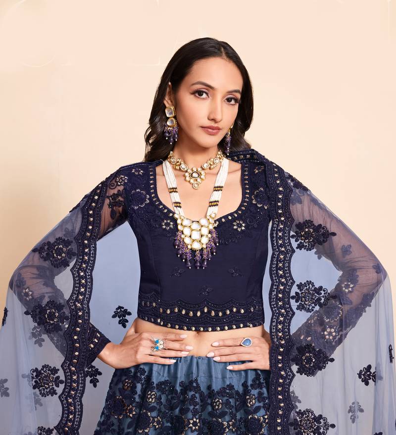 Blue Thread & Badla Embroidered With Four Side Cut Work Embellished Designer Wedding Lehenga