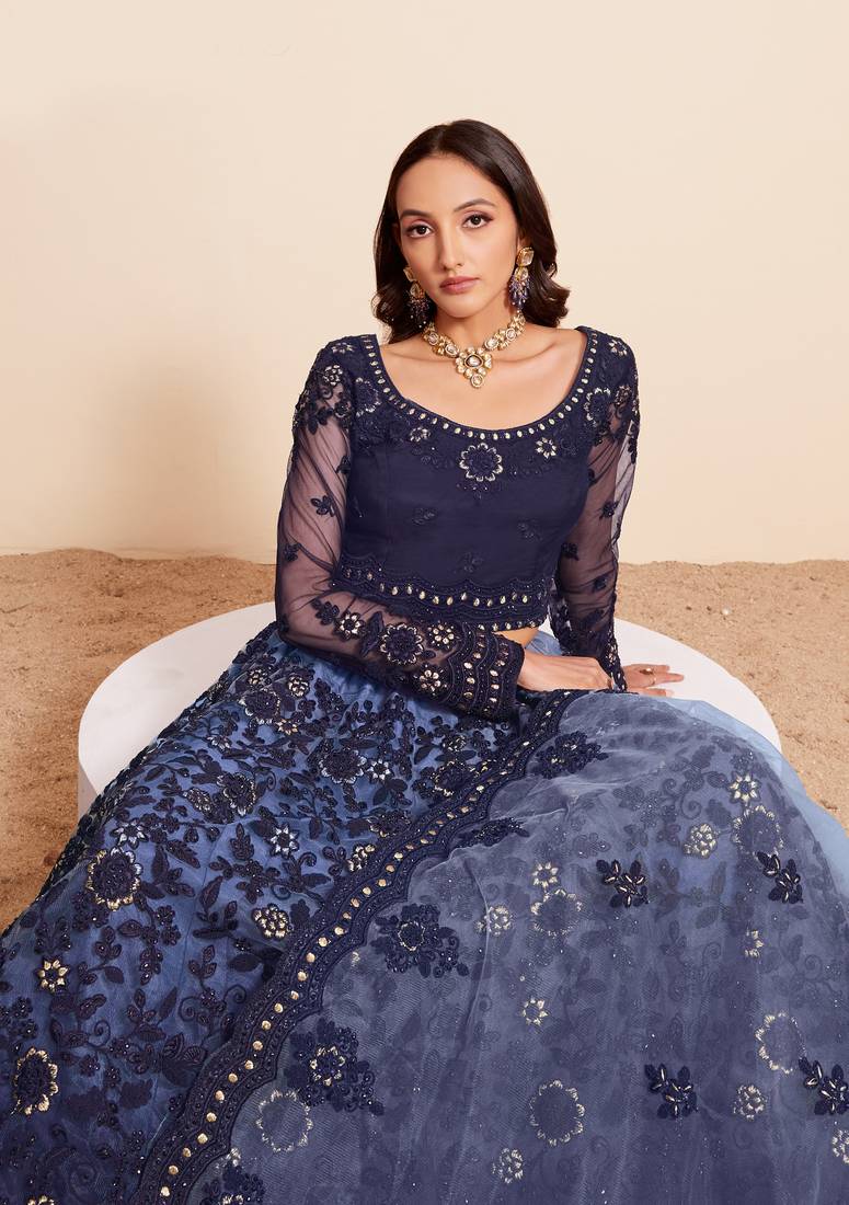 Blue Thread & Badla Embroidered With Four Side Cut Work Embellished Designer Wedding Lehenga