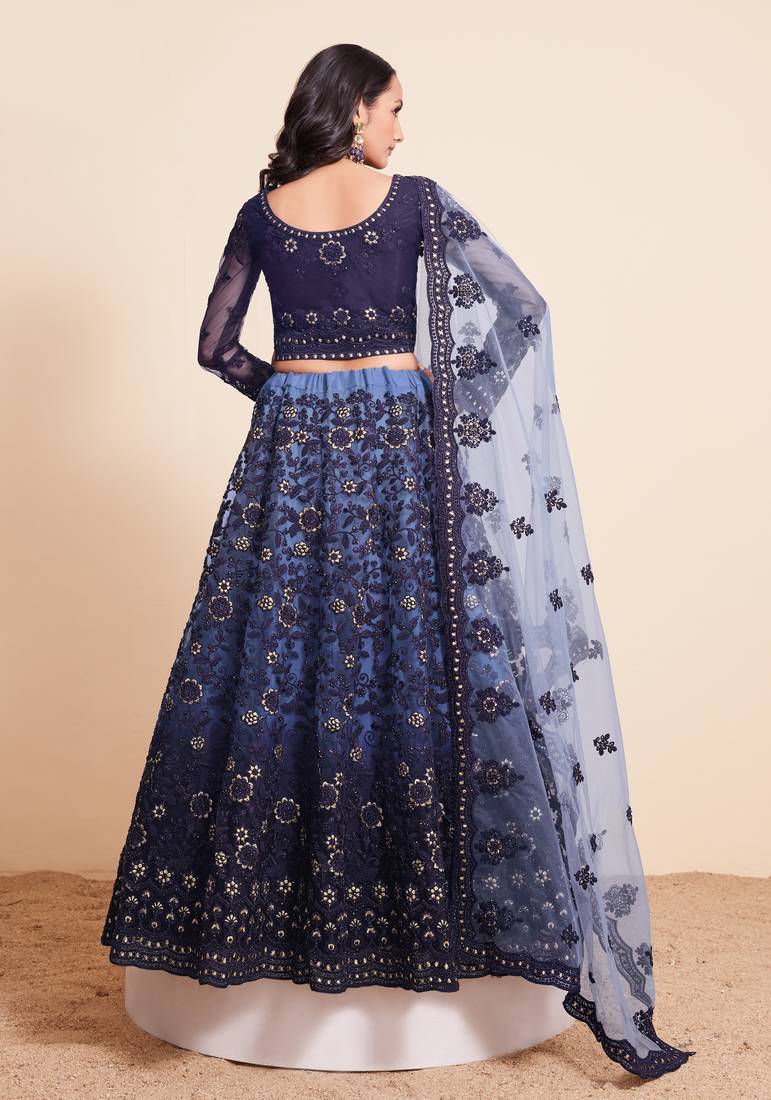 Blue Thread & Badla Embroidered With Four Side Cut Work Embellished Designer Wedding Lehenga