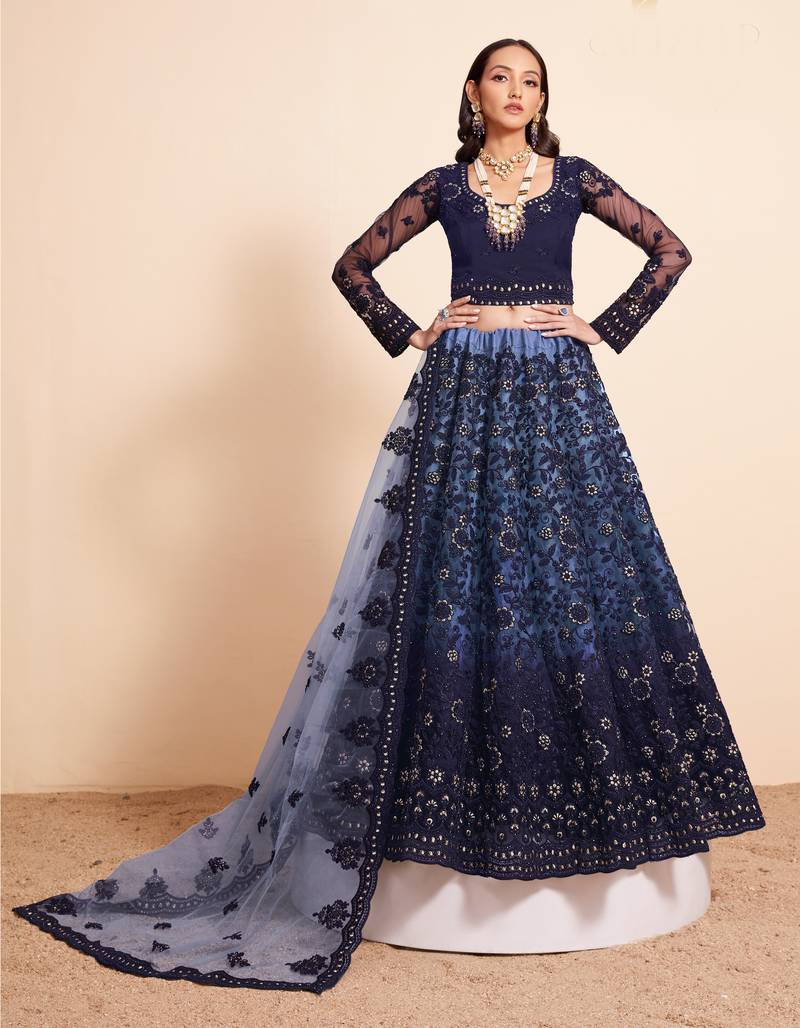 Blue Thread & Badla Embroidered With Four Side Cut Work Embellished Designer Wedding Lehenga