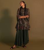 Green High Neck Collar Floral Print Shirt With Belt And Side Pocket And Flarry Pants