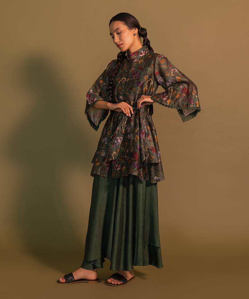 Green High Neck Collar Floral Print Shirt With Belt And Side Pocket And Flarry Pants