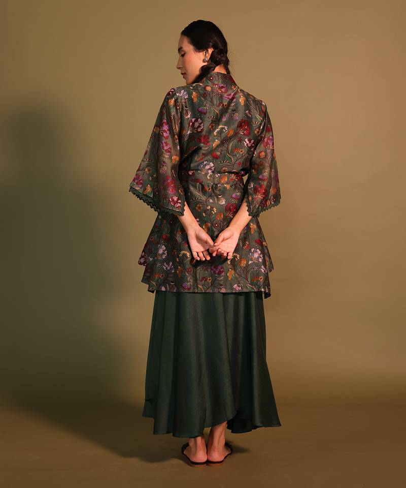 Green High Neck Collar Floral Print Shirt With Belt And Side Pocket And Flarry Pants