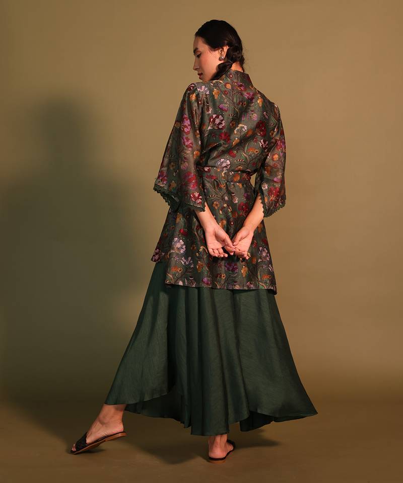 Green High Neck Collar Floral Print Shirt With Belt And Side Pocket And Flarry Pants