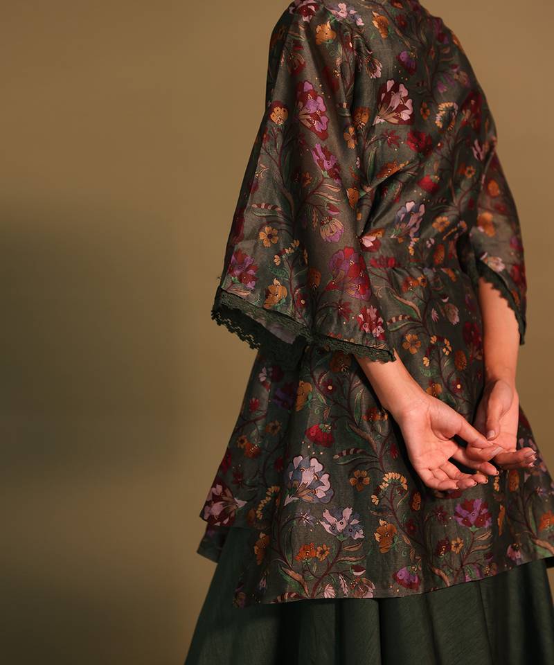 Green High Neck Collar Floral Print Shirt With Belt And Side Pocket And Flarry Pants