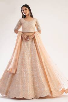 Peach Embroidered Soft Net Wedding Lehenga Choli