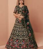 Green Sequins Thread And Zari Embroidered Net Semi Stitched Lehenga