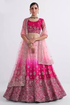  Pink Cording Thread Sequins Embroidered With Zari Work Net Semi Stitched Lehenga Choli And Dupatta