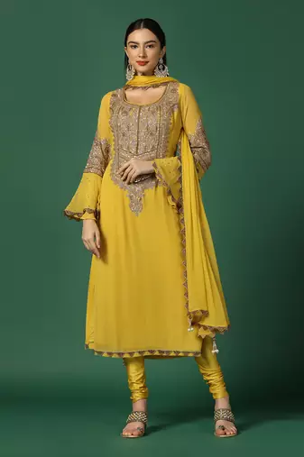 Yellow And Gold Fitted Churidaar Set