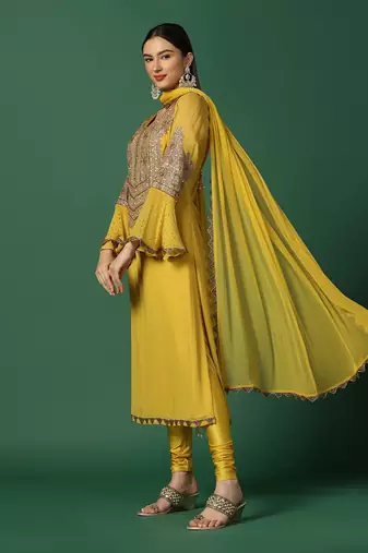 Yellow And Gold Fitted Churidaar Set