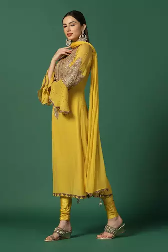 Yellow And Gold Fitted Churidaar Set