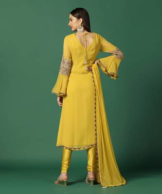 Yellow And Gold Fitted Churidaar Set 7