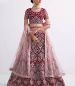 Red Cording Thread Sequins Embroidered With Zari Work Net Semi Stitched Party Wear Lehenga Choli