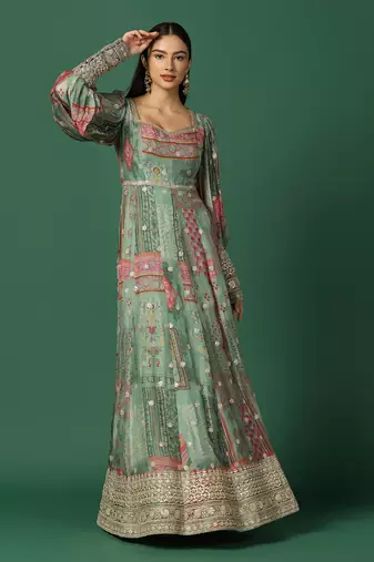Shades Of Green Anarkali With Gota Work