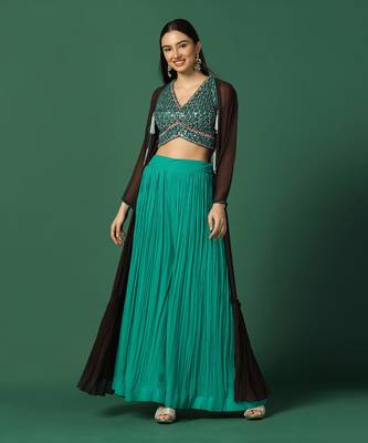 Brown Cape With Crop Top And Pants Set  1