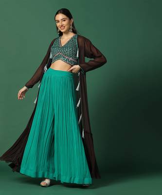 Brown Cape With Crop Top And Pants Set  2