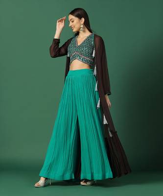 Brown Cape With Crop Top And Pants Set  3