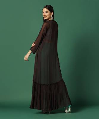 Brown Cape With Crop Top And Pants Set  6