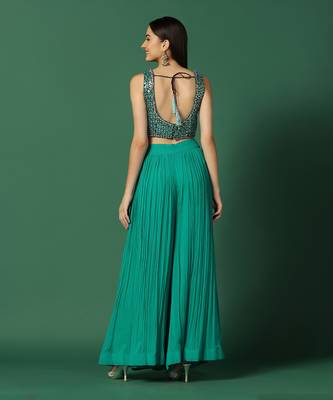 Brown Cape With Crop Top And Pants Set  7