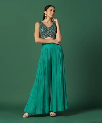 Brown Cape With Crop Top And Pants Set  9