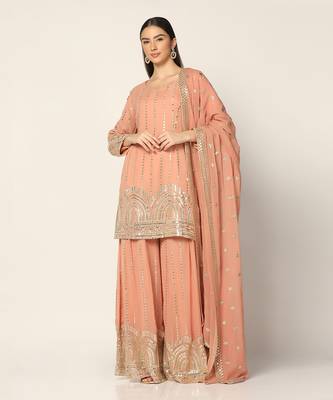 Salmon Pink Zari Work Sharara Suit Set 1