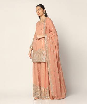 Salmon Pink Zari Work Sharara Suit Set 2