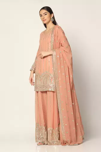 Salmon Pink Zari Work Sharara Suit Set