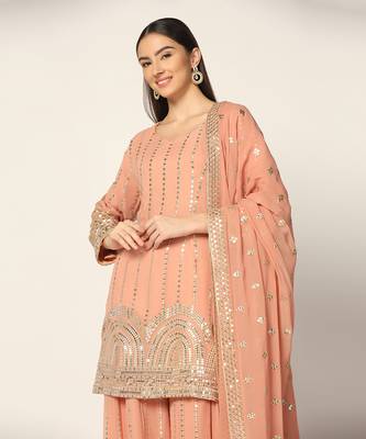 Salmon Pink Zari Work Sharara Suit Set 3