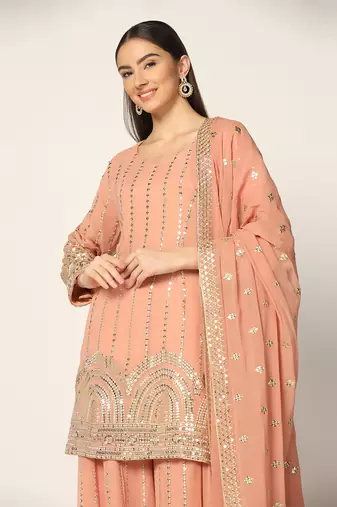 Salmon Pink Zari Work Sharara Suit Set