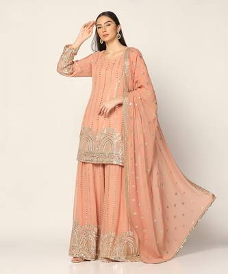 Salmon Pink Zari Work Sharara Suit Set 4