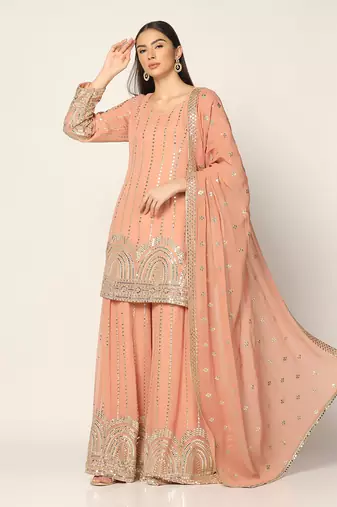 Salmon Pink Zari Work Sharara Suit Set