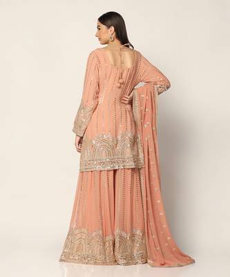 Salmon Pink Zari Work Sharara Suit Set 5