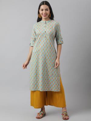 Sea-green printed cotton ethnic-kurtis 1