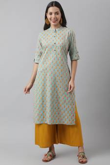 Sea-green printed cotton ethnic-kurtis