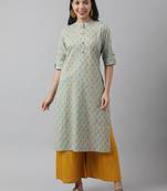 Sea-green printed cotton ethnic-kurtis