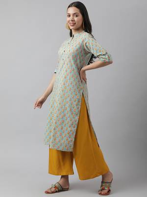 Sea-green printed cotton ethnic-kurtis 3
