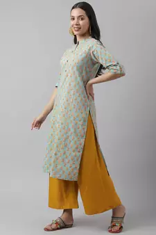 Sea-green printed cotton ethnic-kurtis