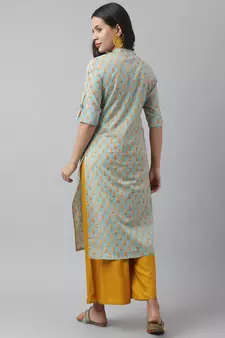Sea-green printed cotton ethnic-kurtis