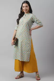 Sea-green printed cotton ethnic-kurtis