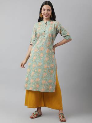 Sea-green printed cotton ethnic-kurtis 1
