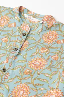 Sea-green printed cotton ethnic-kurtis