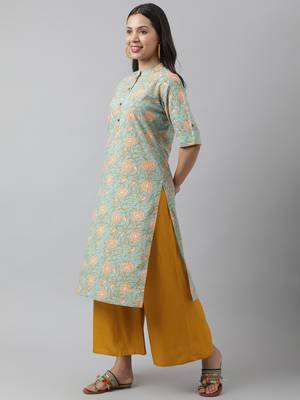 Sea-green printed cotton ethnic-kurtis 3