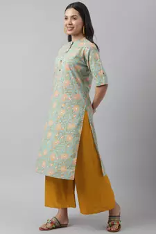 Sea-green printed cotton ethnic-kurtis
