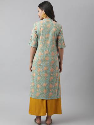 Sea-green printed cotton ethnic-kurtis 4
