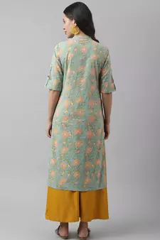 Sea-green printed cotton ethnic-kurtis