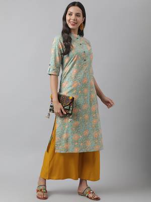 Sea-green printed cotton ethnic-kurtis 5