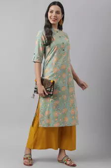 Sea-green printed cotton ethnic-kurtis