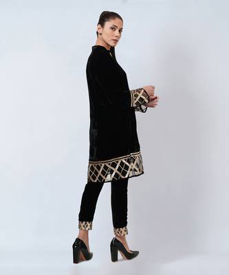 Black Silk Velvet Kurta And Straight Pants With Gota Lace Detail Set 2