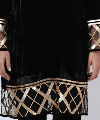 Black Silk Velvet Kurta And Straight Pants With Gota Lace Detail Set 7